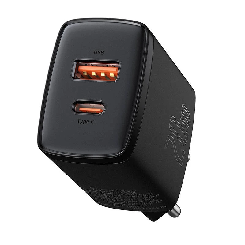 Indoor USB Fast Charger Baseus CCXJ-B01 — 2-port (USB-C PD 20W + USB-A QC3.0 18W), 100–240V, Black