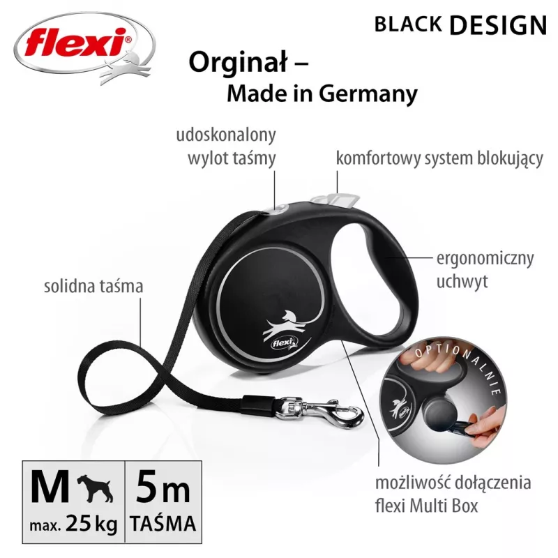 Retractable dog lead Flexi Black Design M, tape leash, 5 m, for medium breeds (10–25 kg), max load 20 kg