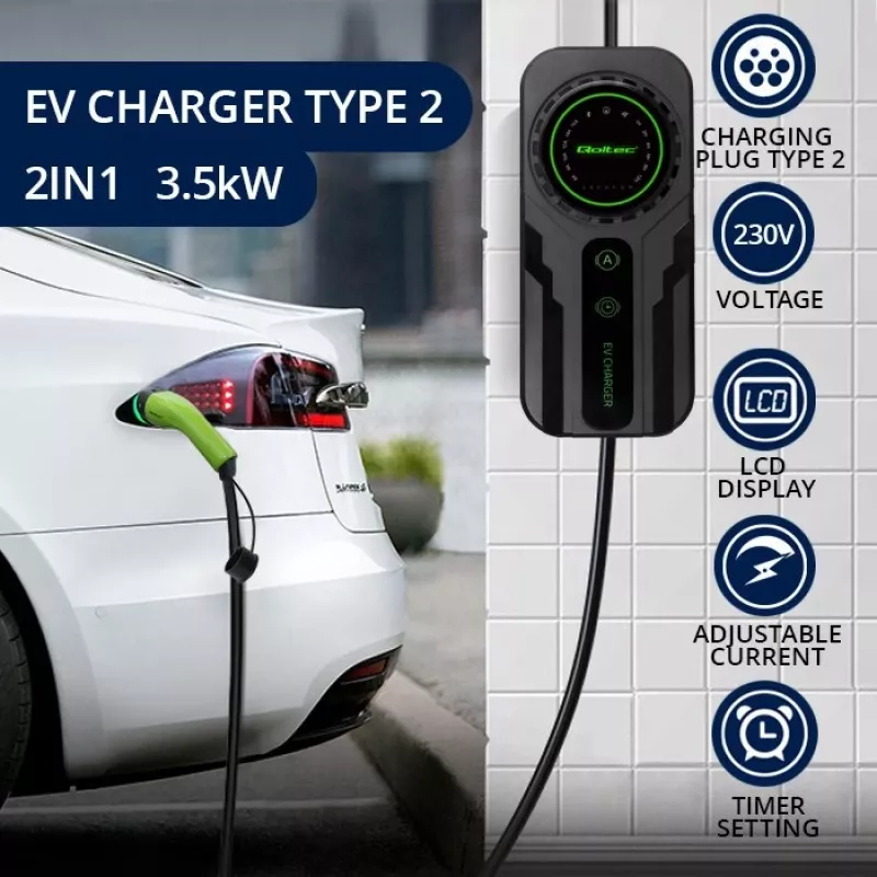 Mobile EV charger QOLTEC 52468 Type 2, 3.5 kW, 16 A, 5 m cable, IP65