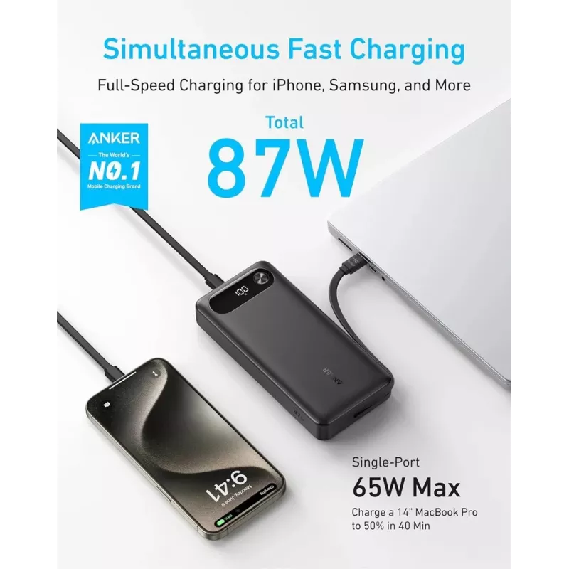Portable charger Anker A1383011 — 20000 mAh, 1× USB-A + 1× USB-C, total 3.6 A, black