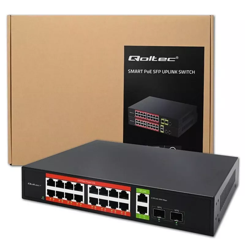 Network Switch QOLTEC 52292 — Gigabit Ethernet PoE, 16x RJ45, 2x RJ45 uplink, 2x SFP