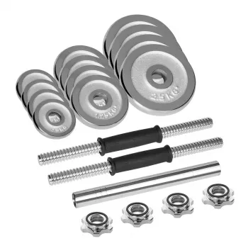 Adjustable Dumbbells Rebel Chrome 20 kg with Case and Barbell Bars (2) — plates 2.5kg, 1.25kg, 0.5kg