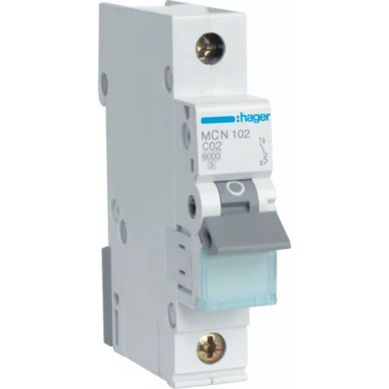 Hager MCN102. Rated Current: 2 A. Type: C-type, Module Quantity (max): 1 Module(e). Width: 17,5 mm, Depth: 70 mm, Height: 83 mm (MCN102)