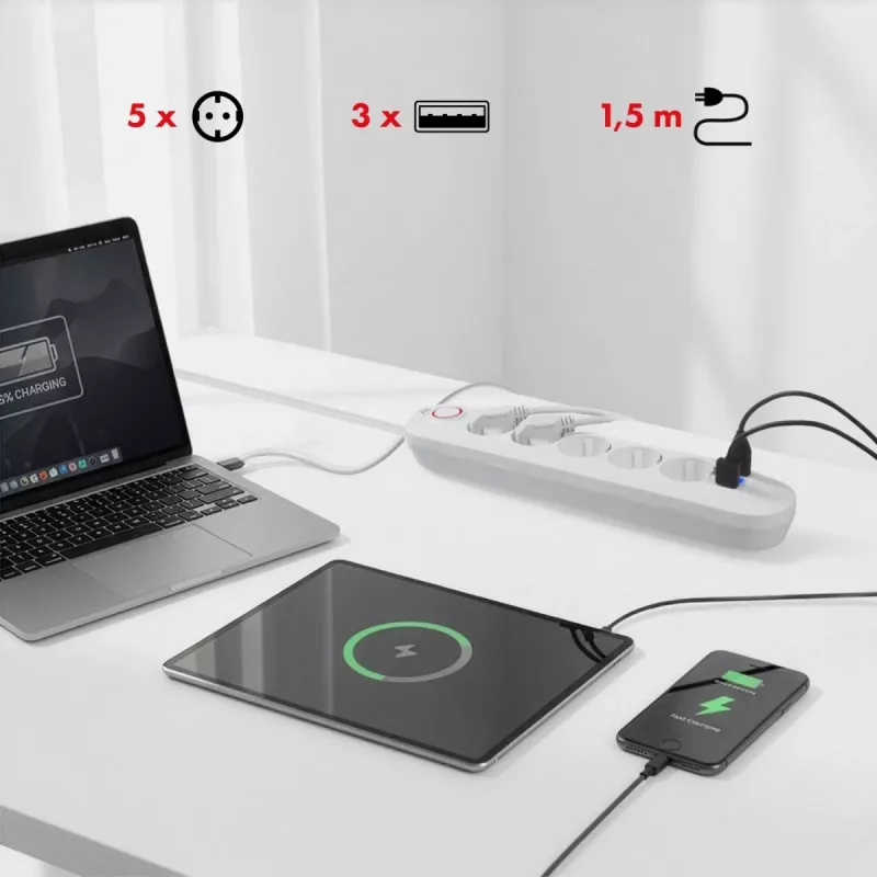 Power strip MACLEAN MCE395 W — 5 sockets, 3× USB A, 110–240 V AC, 2.1 A USB, max 2500 W, white, 1.5 m cable