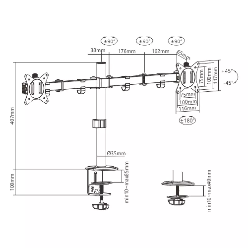 Monitor mount Gembird MA-D2-01 for 2 displays up to 32 inch, VESA 75x75–100x100, clamp, 18 kg, black