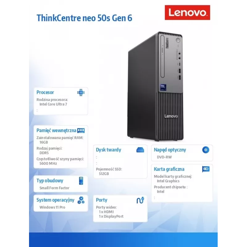 Desktop PC Lenovo ThinkCentre Neo 50s SFF 13DM002APB, Windows 11 Pro, Intel 7 265, 16GB RAM, 512GB SSD, integrated graphics, 3-year warranty
