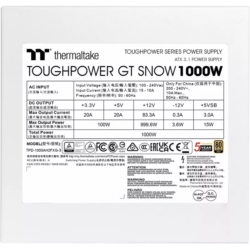 Power supply PSU THERMALTAKE Toughpower GT Snow 1000W ATX 24-pin, 80 PLUS Gold, white, 120mm fan