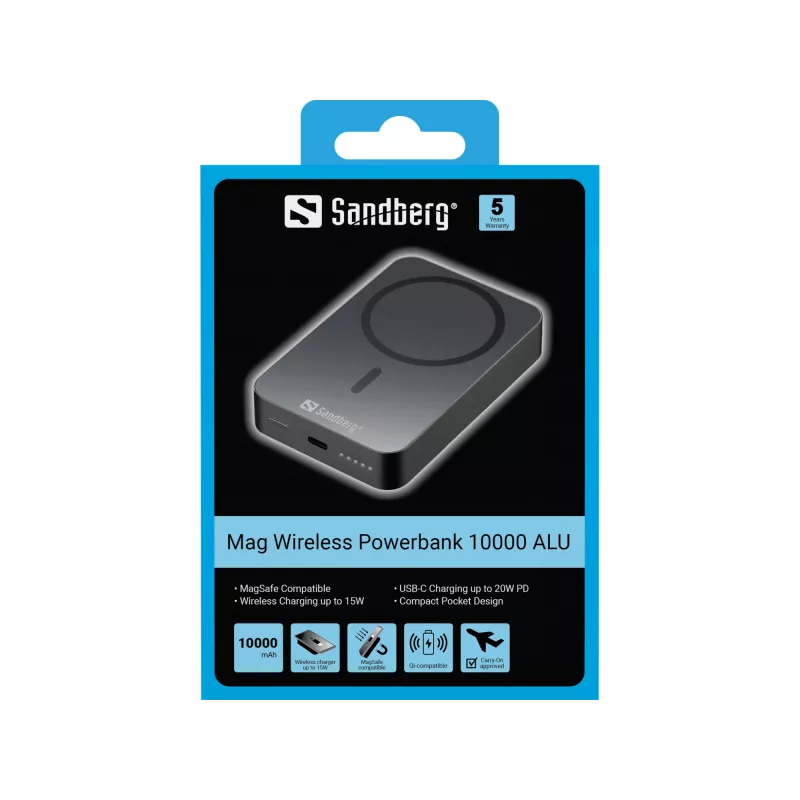 Portable Charger Sandberg Mag Wireless Powerbank 10000 ALU, 10000 mAh