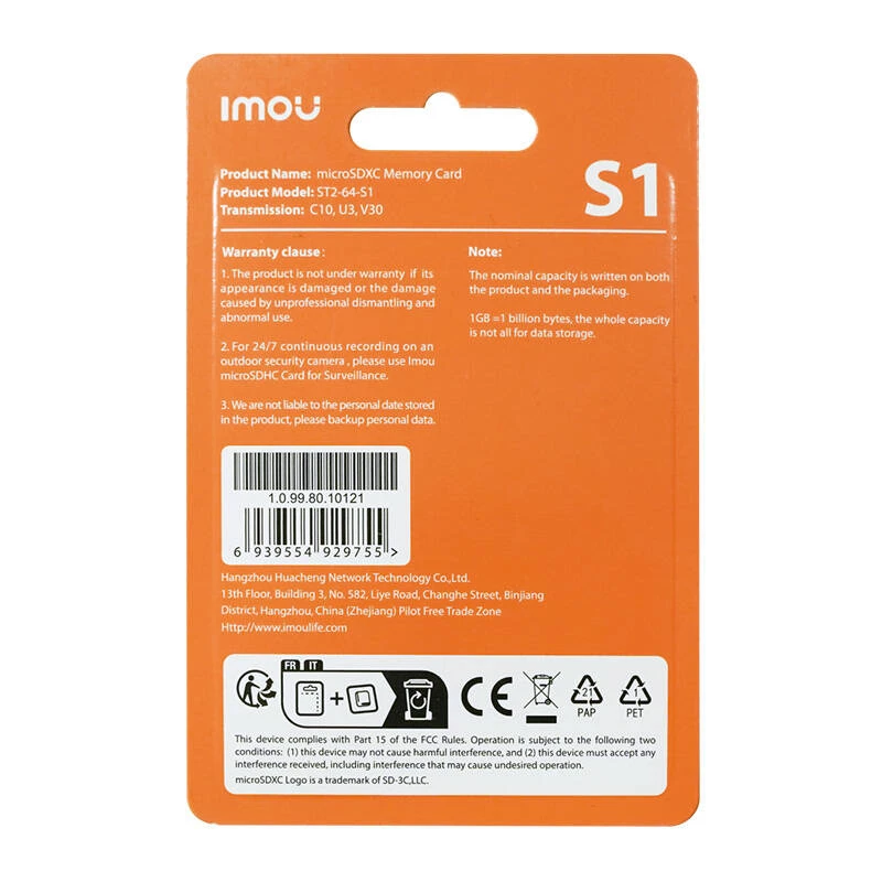 MicroSD memory card IMOU ST2-64-S1 64 GB, Class 10, Read 95 MB/s, Write 35 MB/s, U3 V30