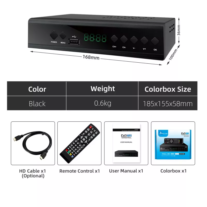 Extralink Home Tuner DVB-T2 Digital TV Decoder H.265 HEVC FULL HD USB HDMI + Remote Control