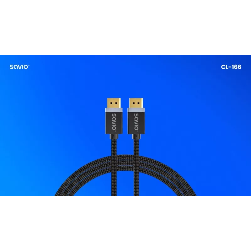 DisplayPort cable SAVIO CL-166 2 m Black — DisplayPort 1.4, male-to-male, gold-plated contacts