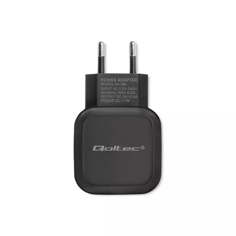 AC Indoor Charger QOLTEC 50186 for Smartphone and Tablet, 5 V 3.4 A, 17 W, 2× USB, Black