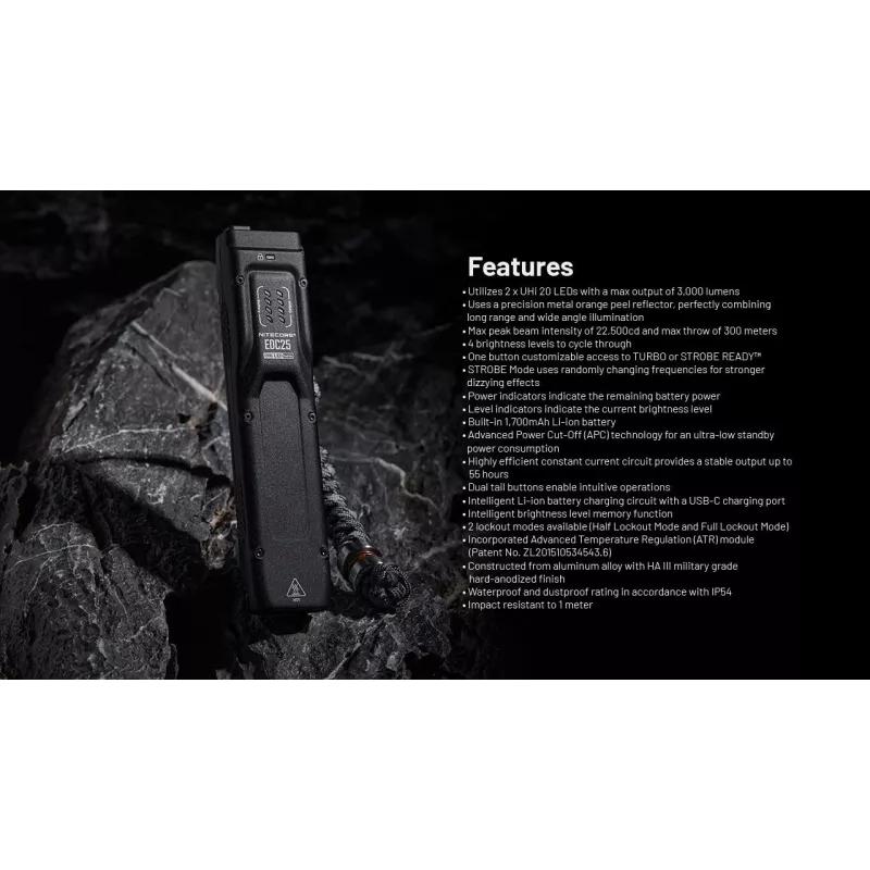 Tactical flashlight Nitecore EDC25 — dual-LED, 15 lm, aluminium body, USB-rechargeable, IP54, shockproof, black