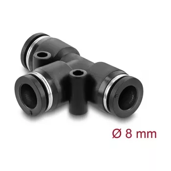 Pneumatic T‑shape connector DELOCK 8 mm, female thread, metal/plastic body, 46 mm, two mounting holes