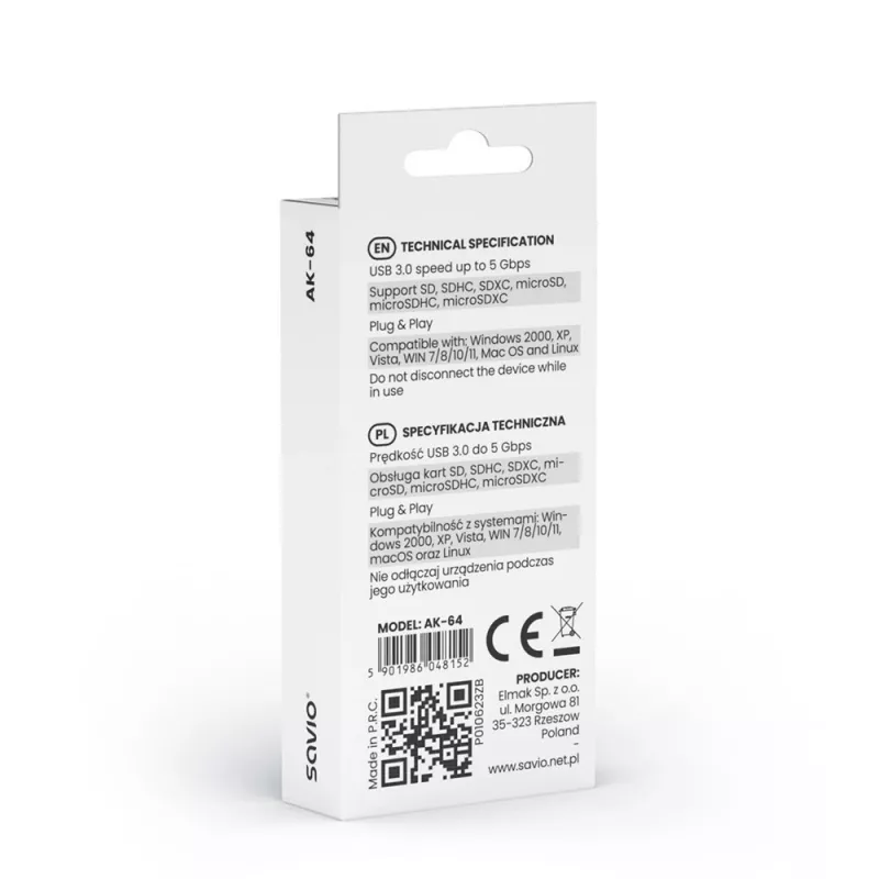 Card reader SAVIO AK-64 USB 3.2 Gen 1 Type-A output, MicroSD slot, 5000 Mbit/s, black