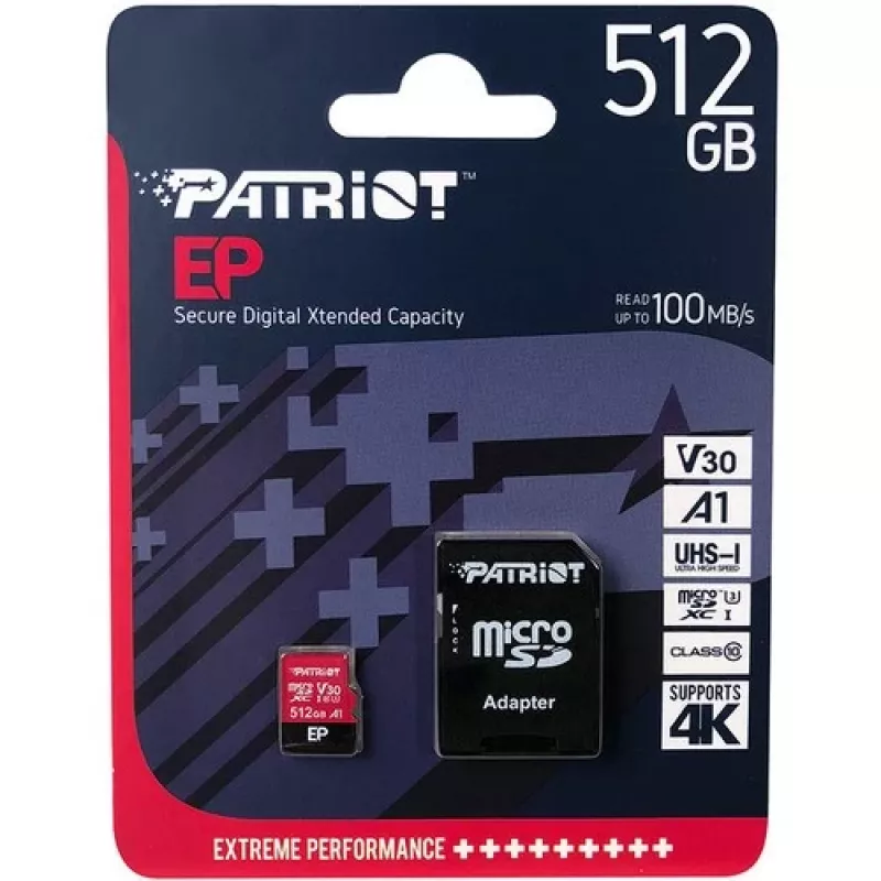 MicroSDXC flash memory card PATRIOT 512GB UHS‑I U3 V30 Class 10, 90 MB/s read, adapter included