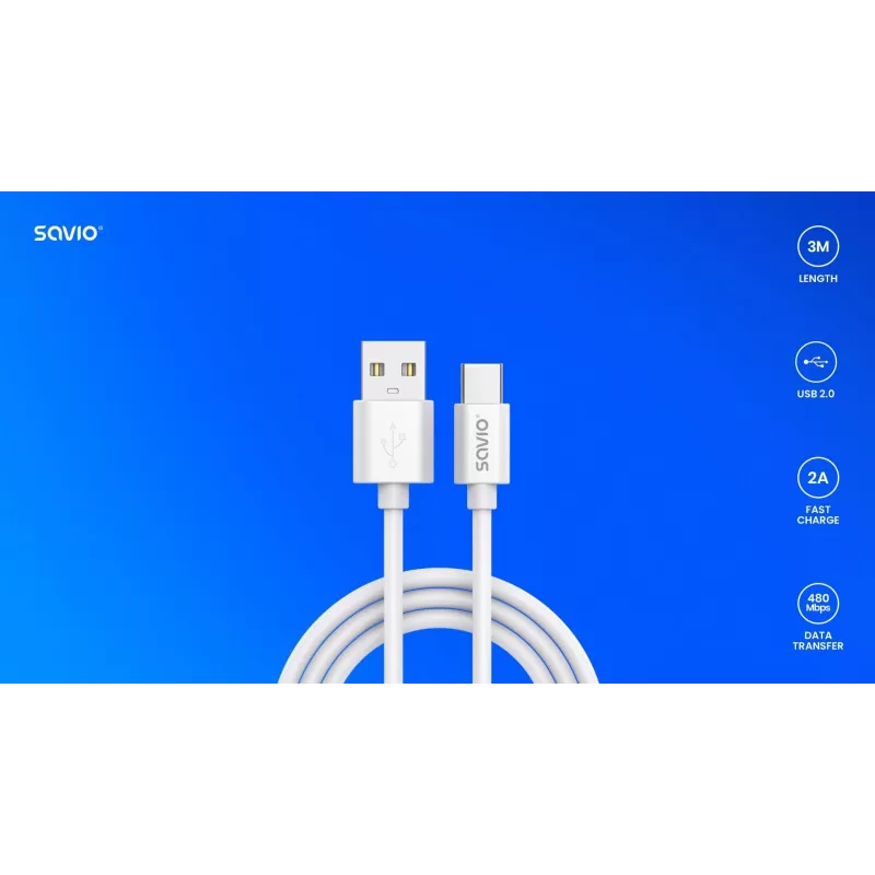 USB 2.0 cable SAVIO CL-168, USB A (male) to USB C (male), 3 m, white