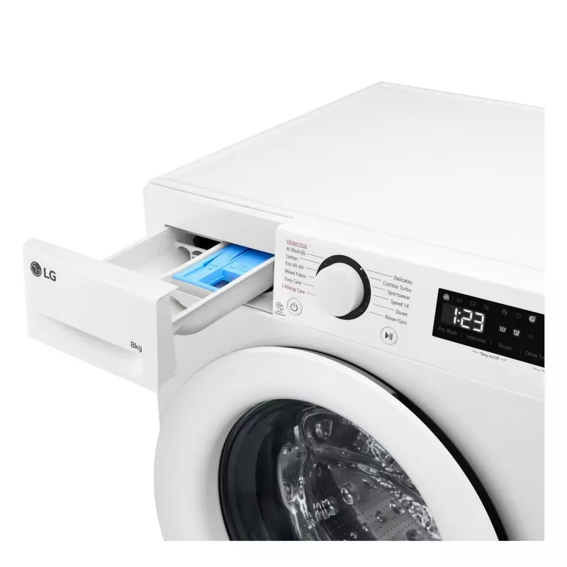 LG | Washing machine | F2WR508SWW | Energy efficiency class A-10% | Front loading | Washing capacity 8 kg | 1200 RPM | Depth 47.5 cm | Width 60 cm | Display | LED | Steam function 