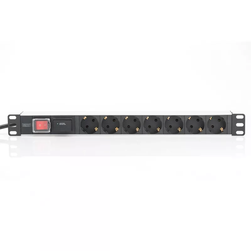 DIGITUS 1U Aluminum PDU with 7 Safety Outlets, 2m Cable, Switch, Surge Protection