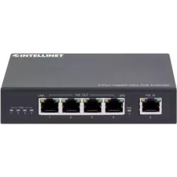 Intellinet 4-Port Gigabit Ultra PoE Extender, Adds up to 100 m (328 ft.) to PoE Range, 90 W PoE Power Budget, Four PSE Ports with up to 30 W Output, IEEE 802.3bt/at/af Compliant, Metal Housing