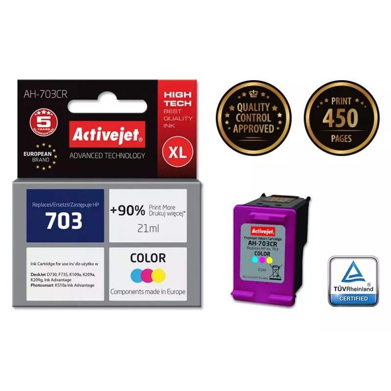 Ink cartridge ActiveJet AH-703CR compatible for HP, Colour (Cyan/Magenta/Yellow), High (XL) 21 ml, pigment-based