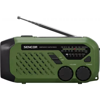 Portable FM/AM Radio SENCOR SRD1000SCLGR with Bluetooth, solar/hand-crank/USB-C charging, 2000mAh battery, IPX4, LED lights