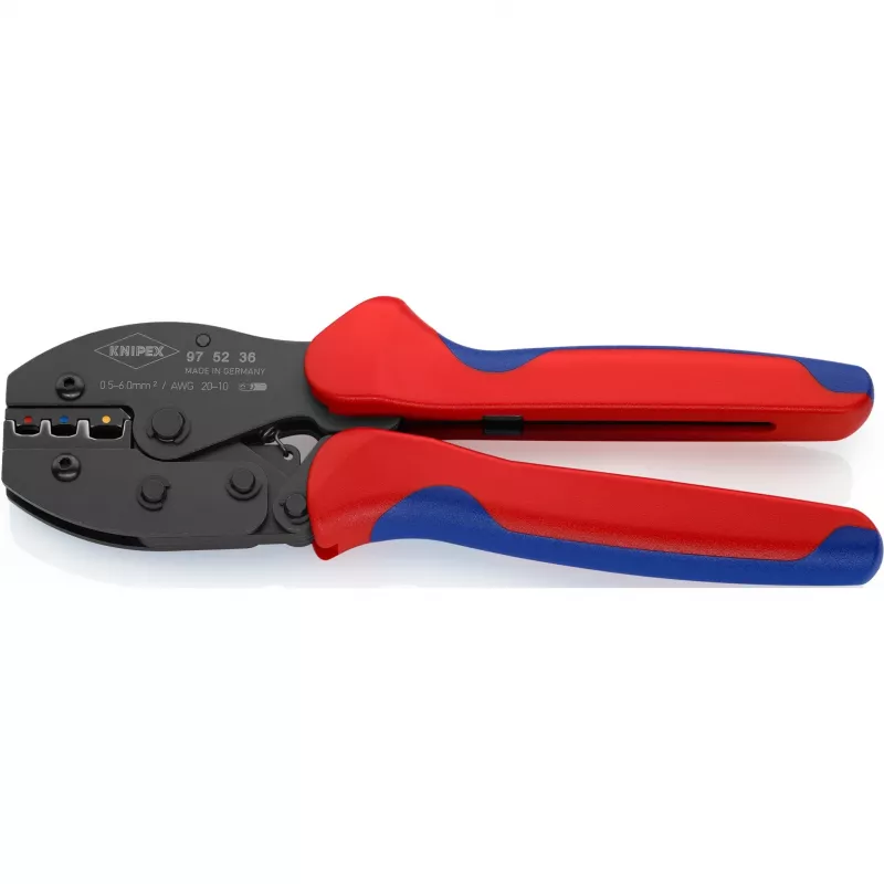 Crimping tool Knipex PreciForce model 975236 SB — insulated handles in black, blue and red
