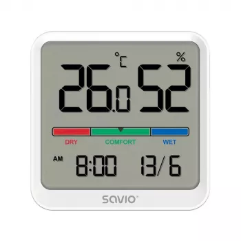 Indoor temperature and humidity sensor SAVIO CT-01/W, LCD display, -10–55°C, 10–99%RH, battery CR2032