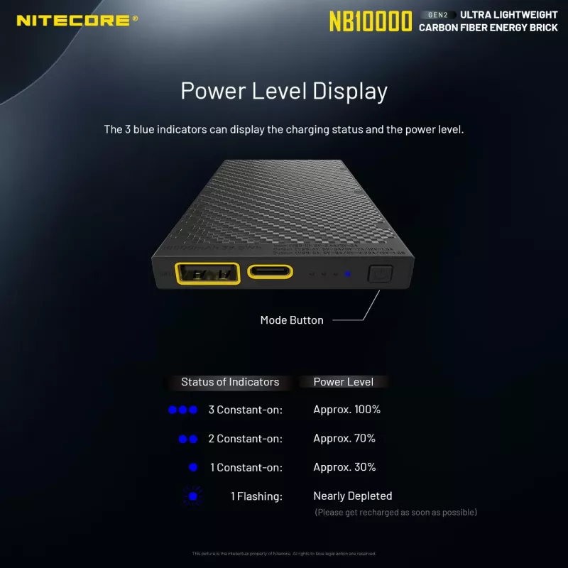 Portable Power Bank Nitecore NB10000 — 10000 mAh, USB‑A + USB‑C, 38W total output, grey
