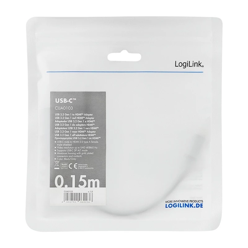 LogiLink CUA0103 USB 3.2 Gen1 Type-C to HDMI-A Cable 0.15m Black Grey