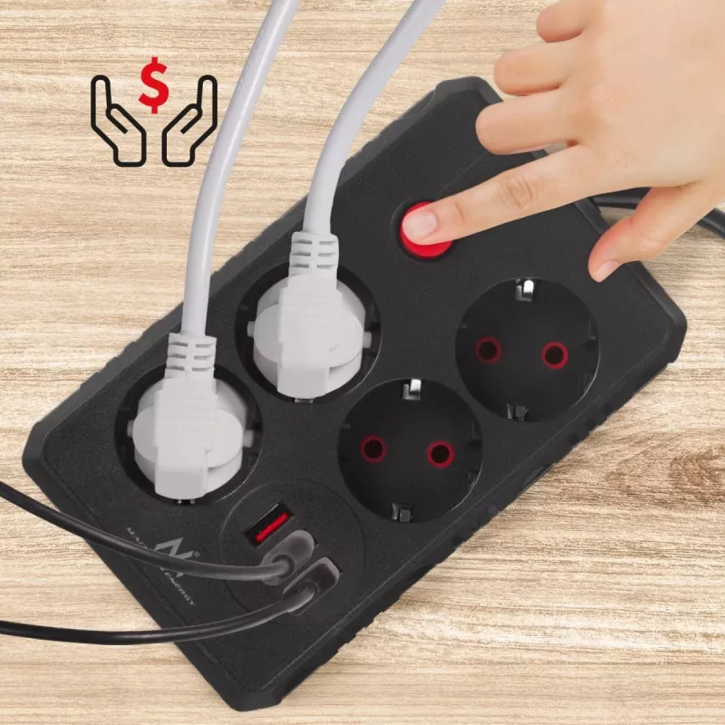 Power strip MACLEAN MCE392 B — 4 sockets, 3×USB, 110–240V, 2.1A, 2500W, 1.5 m cable, black