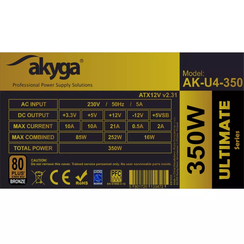 Akyga AK-U4-350 Ultimate 350 W ATX Power Supply, 80 PLUS Bronze, Active PFC, 120 mm Fan