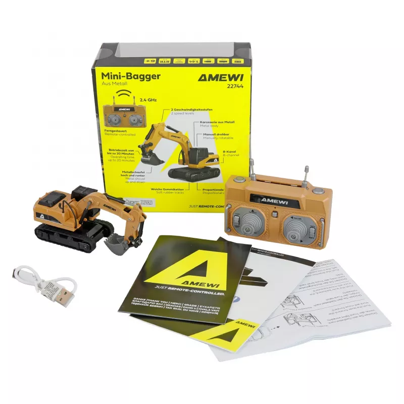 Excavator RC model Amewi 22744 1:64 scale, electric motor, LiPo 200 mAh, for ages 6+