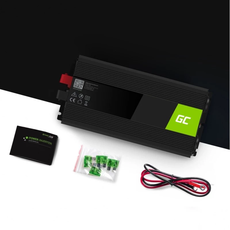 Inverter power adapter Green Cell INV25, 1500 W, 12 V DC to 230 V AC, 50 Hz, 1× USB, black