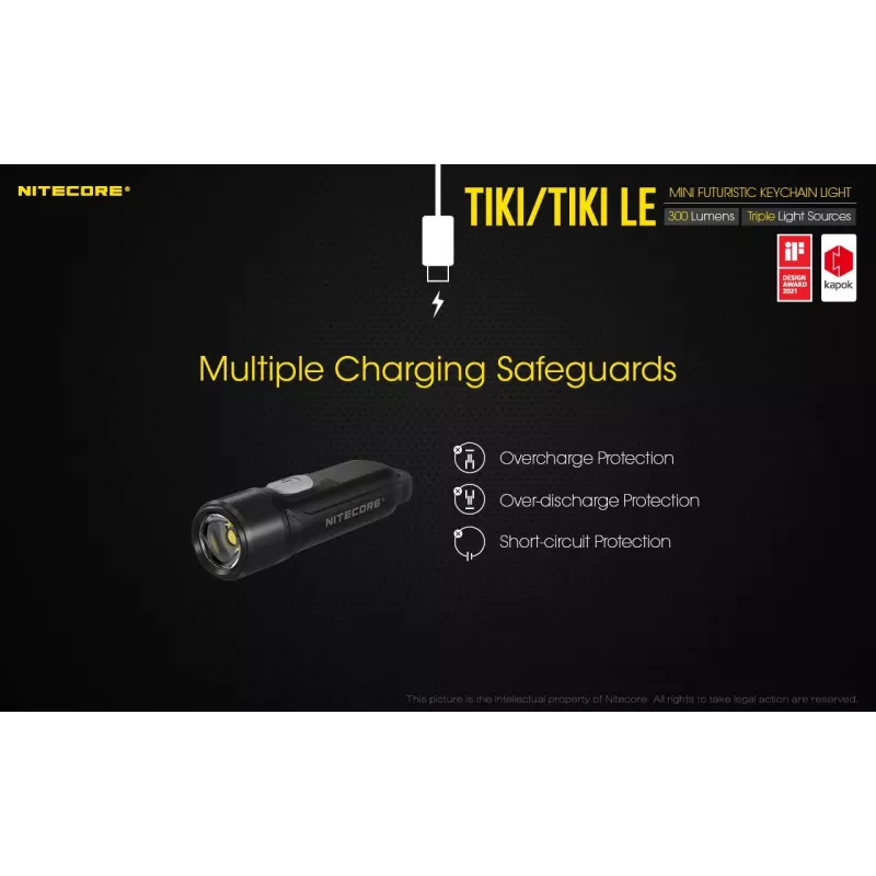 Hand flashlight Nitecore TIKI LE — 300 lm, USB-rechargeable, polycarbonate, IP66, shockproof, 10.5 g, 55 mm, Black