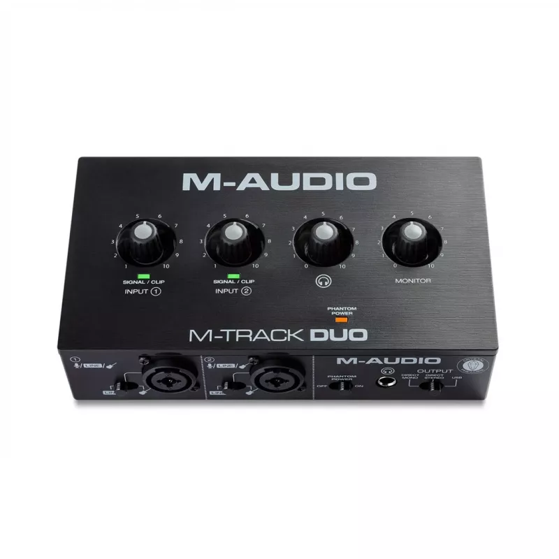Audio interface M-Audio M-Track Duo — USB 2-in/2-out, 16-bit/48 kHz, 1x XLR/TS combo, 1x instrument input, phantom 48V