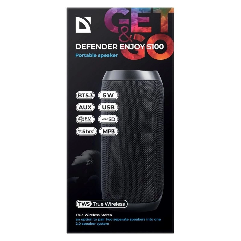 Portable Bluetooth Speaker DEFENDER ENJOY S100 — 10W, Bluetooth 5.3, 5h battery, LED illumination, built-in mic