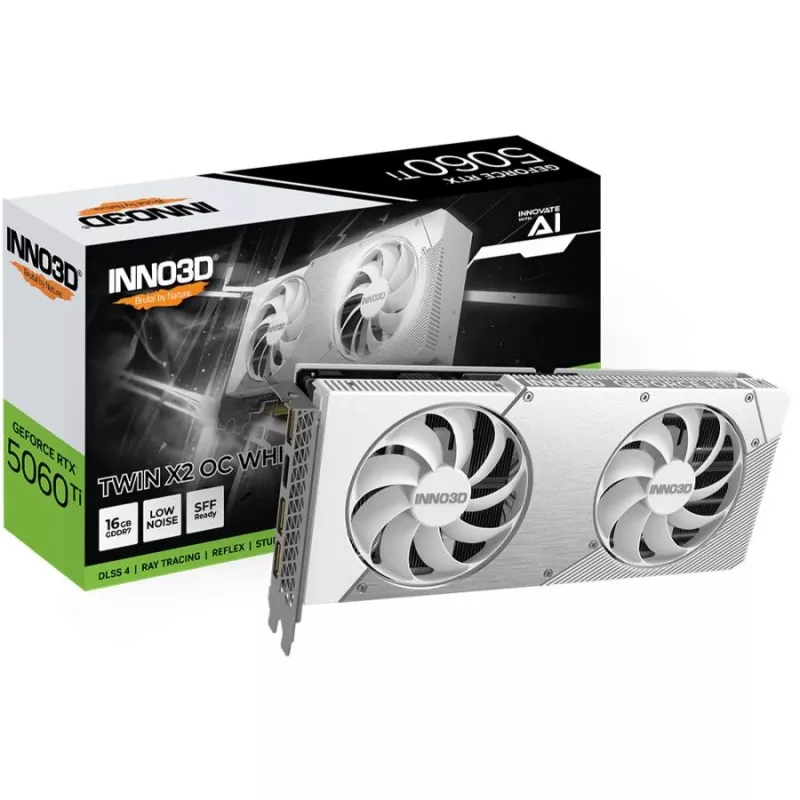 Graphics card Inno3D GeForce RTX 5060 Ti — 16 GB GDDR7, PCIe 5.0, 448 GB/s, 250 mm, 2-slot, white