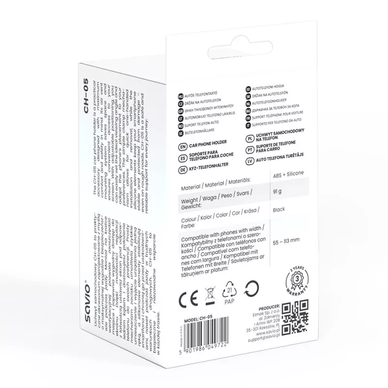 Phone grip SAVIO CH-05, black — durable protective accessory for mobile phones