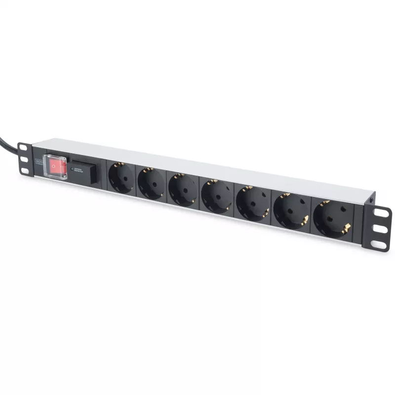 DIGITUS 1U Aluminum PDU with 7 Safety Outlets, 2m Cable, Switch, Surge Protection