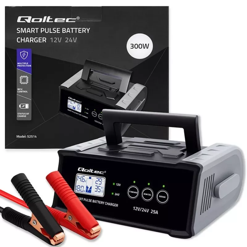 Battery charger QOLTEC 52514 — 12V/24V, 25A, for AGM/GEL/SLA batteries with LCD display