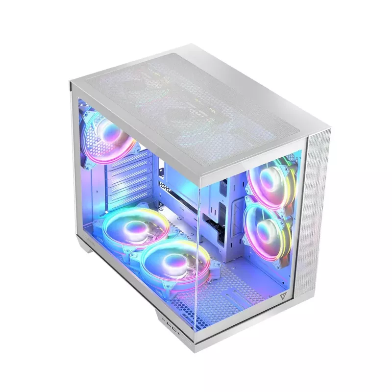 PC case MODECOM Volcano Panorama Midi Tower white — micro ATX, tempered glass, ARGB, USB-C, supports GPU 400 mm