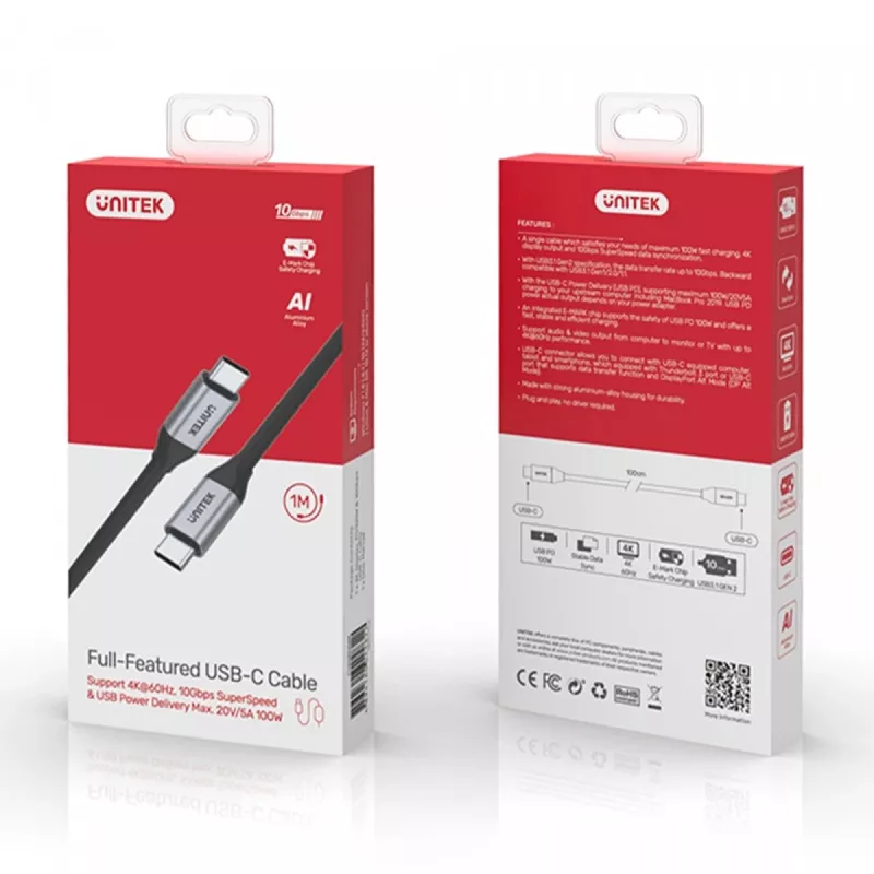 USB C to C data and charging cable Unitek C14082ABK 1 m, USB 3.2 Gen 2 (10 Gbit/s), 100 W PD, black