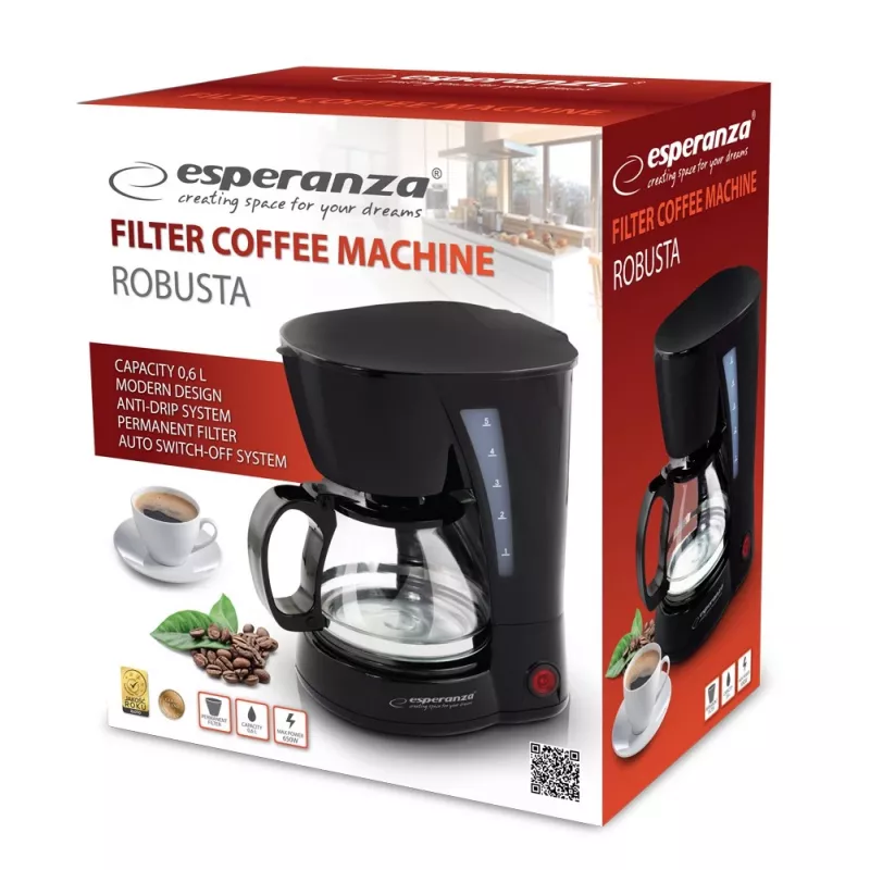 Drip coffee maker ESPERANZA EKC006, 0.6 L water tank, 650 W, black countertop