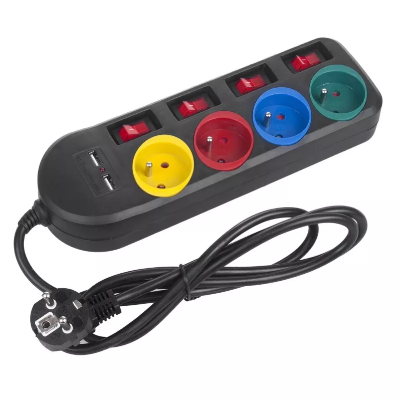 Power strip MACLEAN MCE229B — 4 AC sockets, 2× USB-A, 1.5 m cable, 10 A, Type F, indoor, black