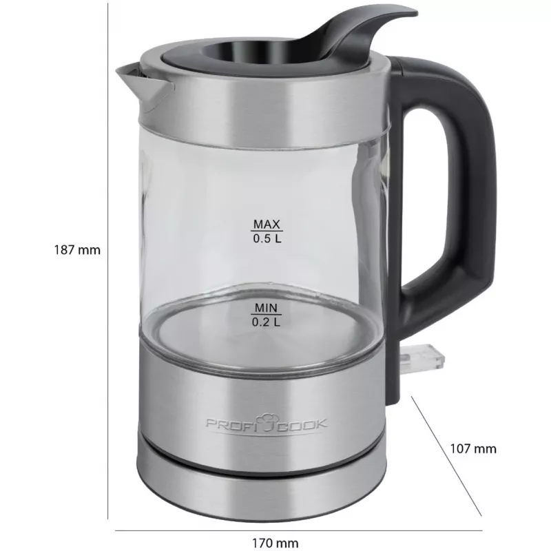 ProfiCook PC-WKS 1228 G electric kettle 0.5 L 1100 W Stainless steel, Transparent