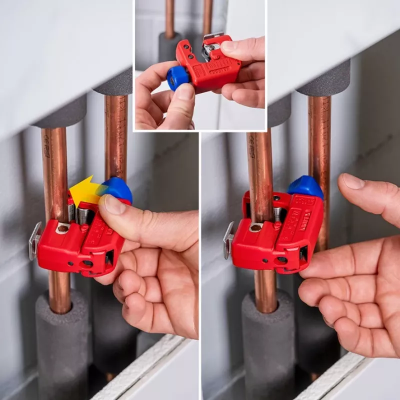 Pipe cutter Knipex TubiX S 3–30 mm, compact cutting tool for metal and plastic pipes