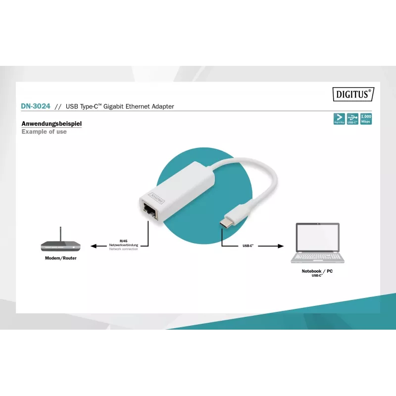 Digitus DN-3024 USB 3.0 Adapter 20 cm 1x USB-C to 1x RJ45 Shielded