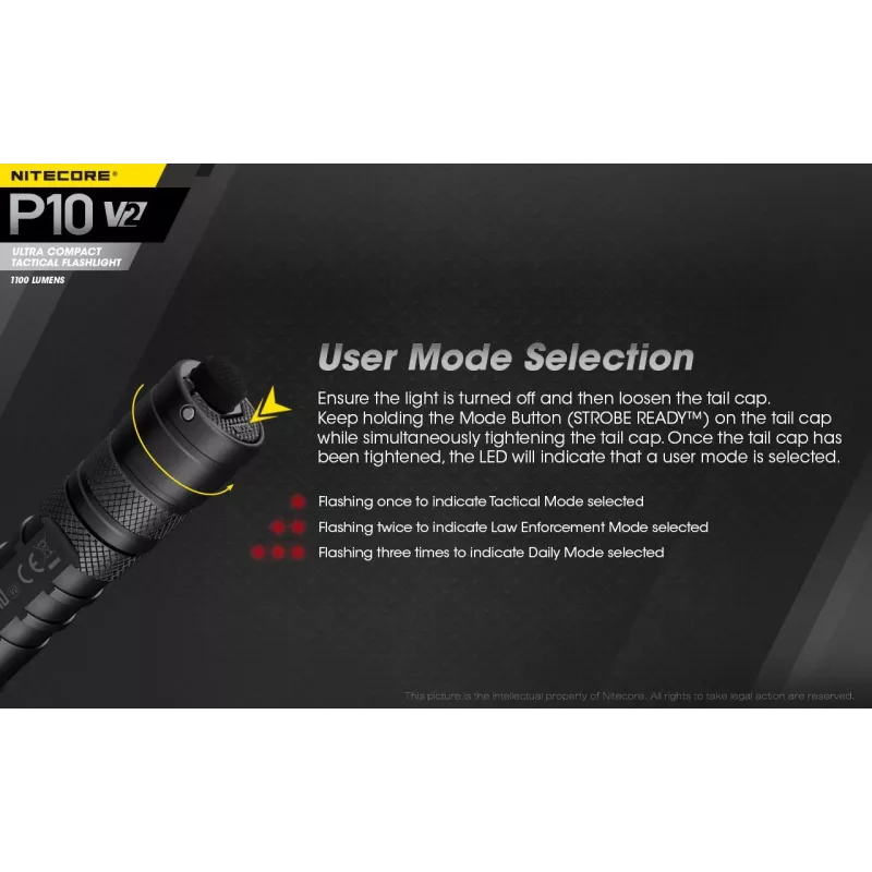 Tactical flashlight Nitecore P10 V2 — 1000 lm, IP68 waterproof, shockproof, 95 g, 18650/CR123 compatible