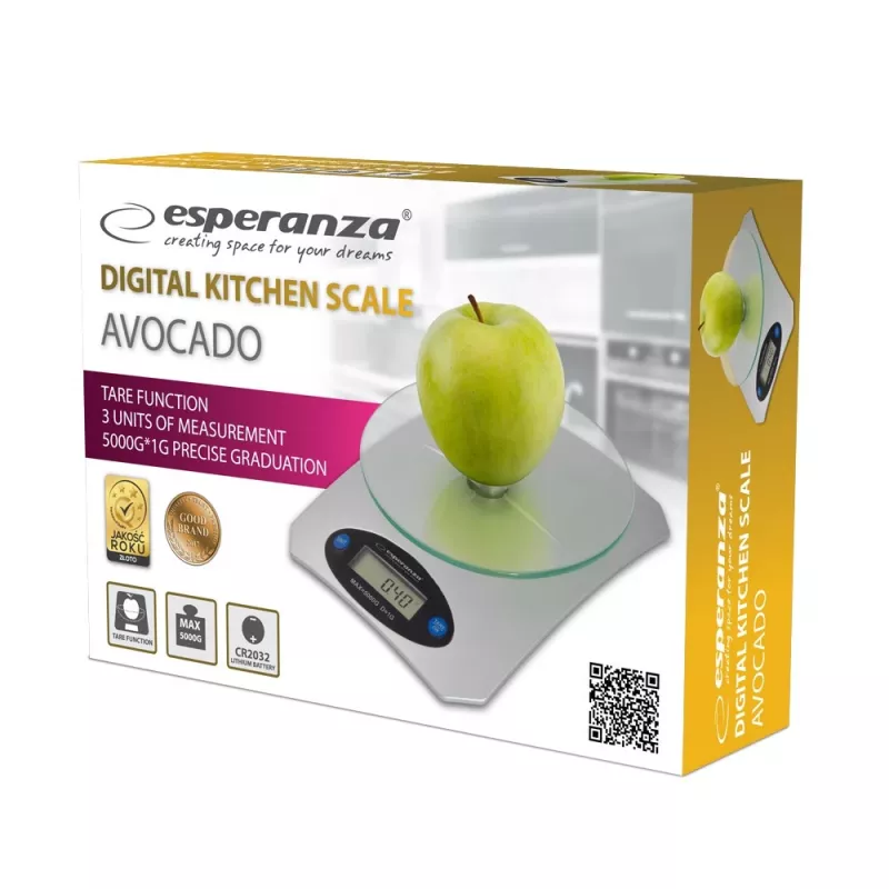 Electronic kitchen scale ESPERANZA Avocado Grey — 5 kg capacity, bamboo platform, g/lb/oz units